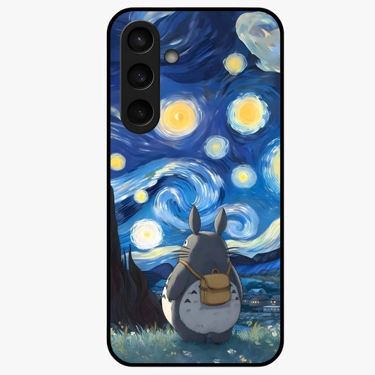 Totoro In Van Gogh Art Glass Case showing flat back view with whimsical character artwork inspired by Van Gogh style and glossy glass finish.