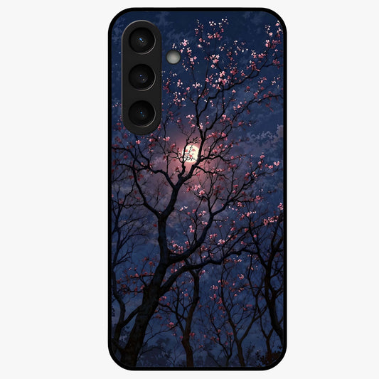 Twilight Sakura Serenade Glass Case showing flat back view with cherry blossom artwork at twilight and glossy glass finish.
