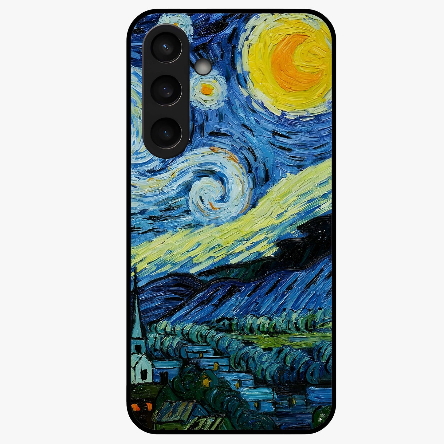 Van Gogh Art Glass Case showing flat back view with classic painterly artwork inspired by Van Gogh style and glossy glass finish.