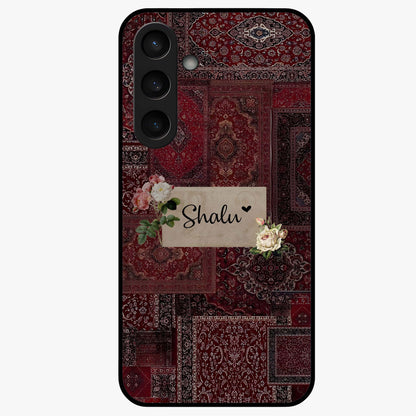 Velvet Wine Pattern Custom Name Glass Case showing flat back view with elegant wine colored pattern artwork and personalized name design.