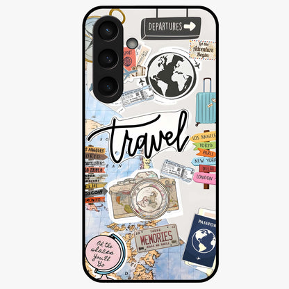 Wanderlust Journal Glass Case showing flat back view with travel inspired artwork and glossy glass finish.