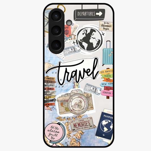 Wanderlust Journal Glass Case showing flat back view with travel inspired artwork and glossy glass finish.