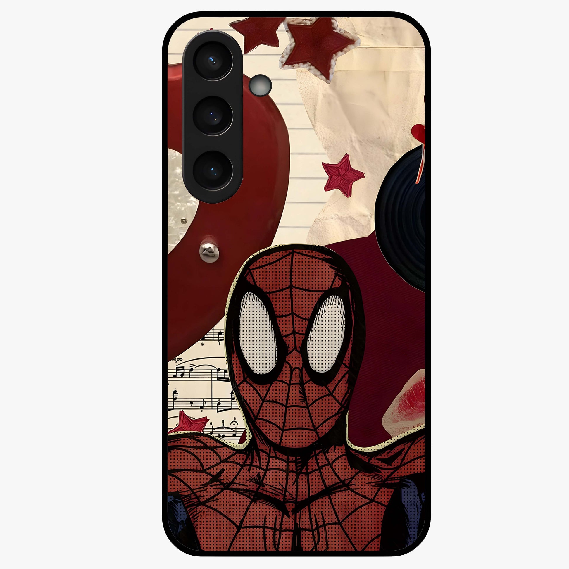 Web Warrior Vibes Glass Case showing flat back view with superhero inspired web themed artwork and glossy glass finish.