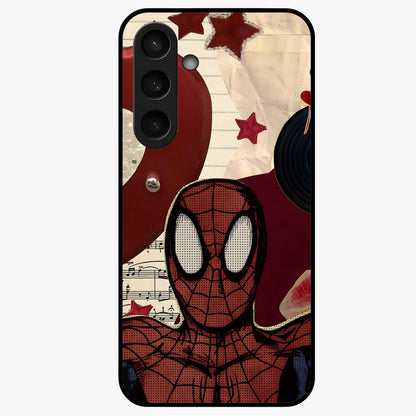 Web Warrior Vibes Glass Case showing flat back view with superhero inspired web themed artwork and glossy glass finish.