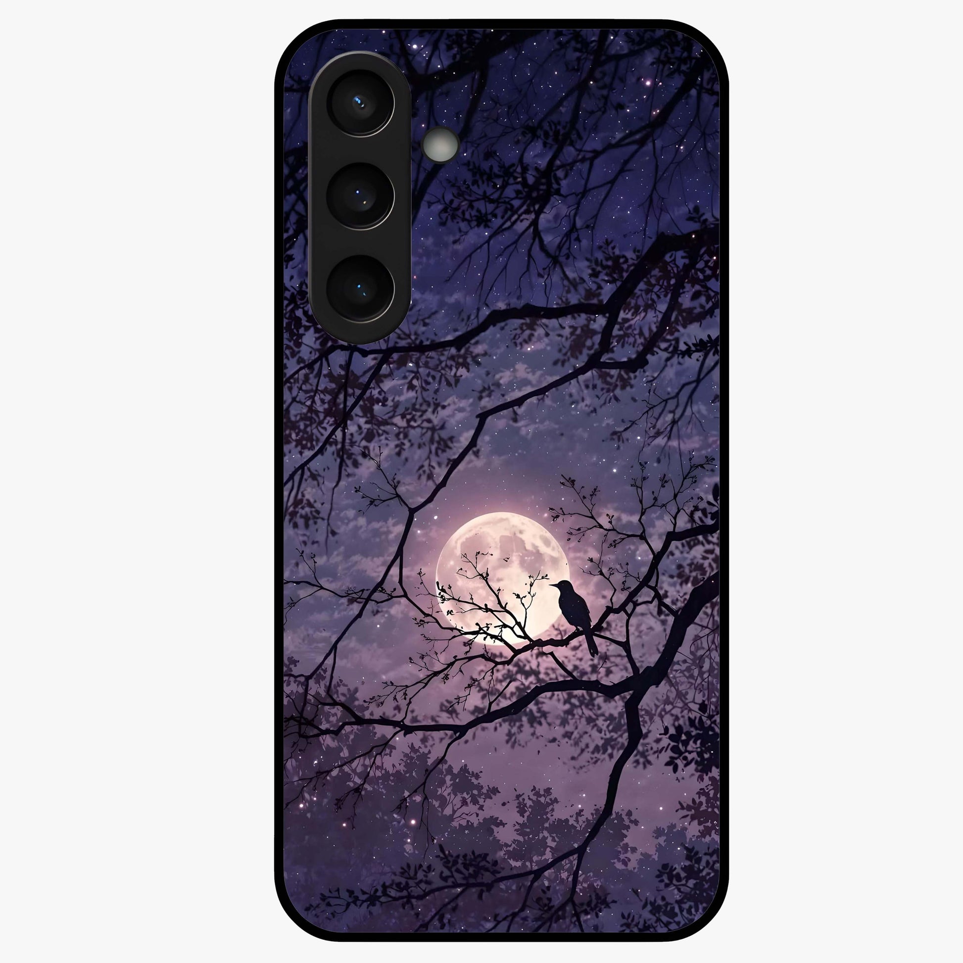 Whispering Moon Silence Glass Case showing flat back view with serene moon themed artwork and glossy glass finish.