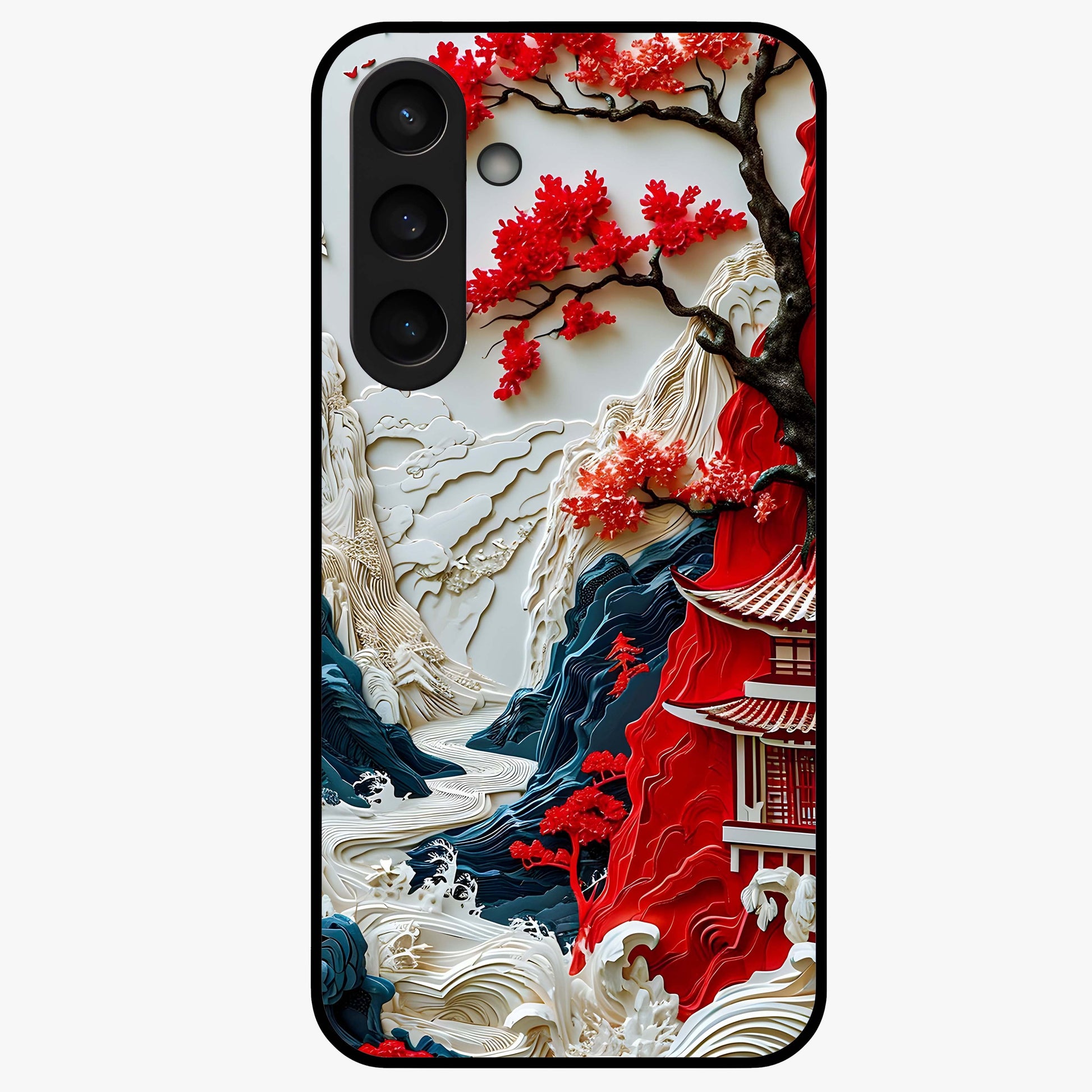 Whispers Of Sakura Waves Glass Case showing flat back view with cherry blossom wave artwork and glossy glass finish.