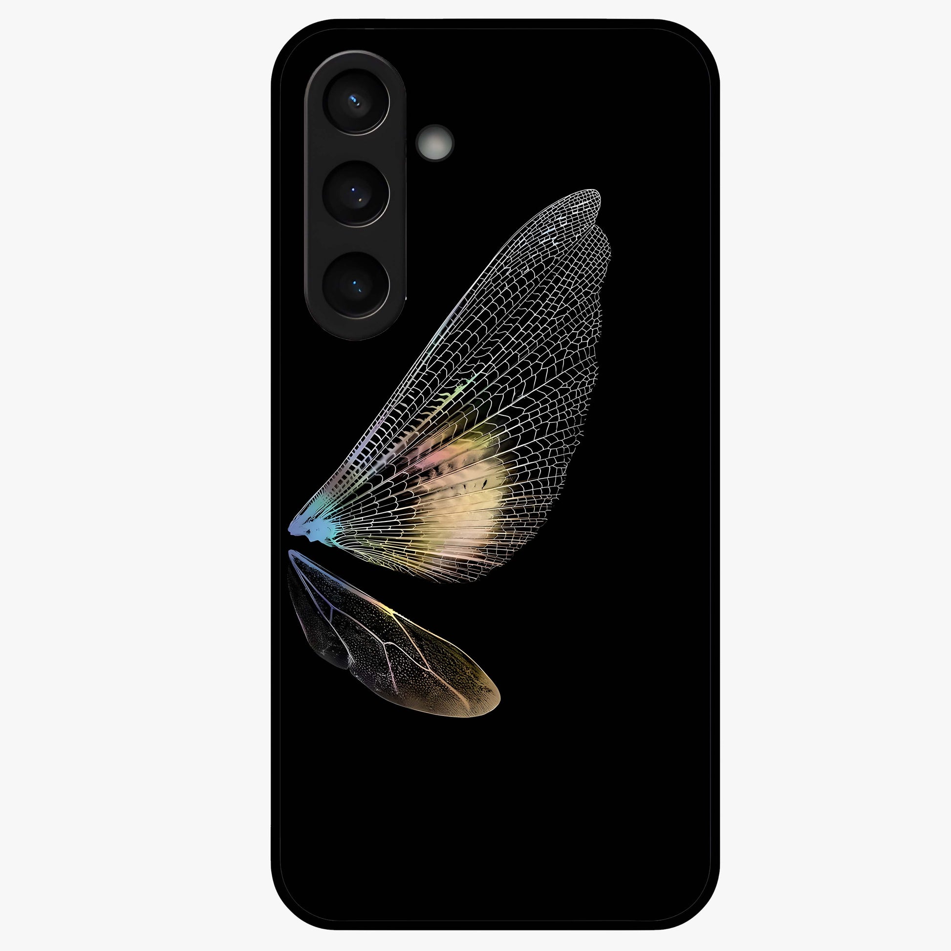 Whispers Of Wings Glass Case showing flat back view with graceful wing inspired artwork and glossy glass finish.