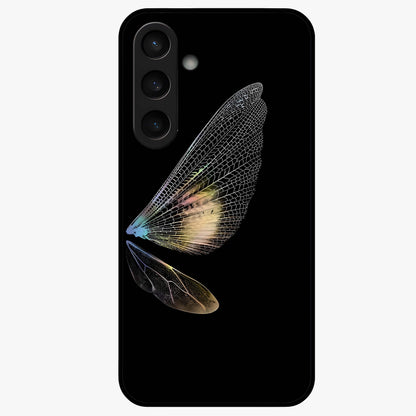 Whispers Of Wings Glass Case showing flat back view with graceful wing inspired artwork and glossy glass finish.