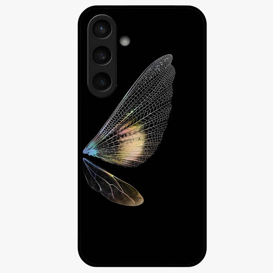 Whispers Of Wings Glass Case showing flat back view with graceful wing inspired artwork and glossy glass finish.