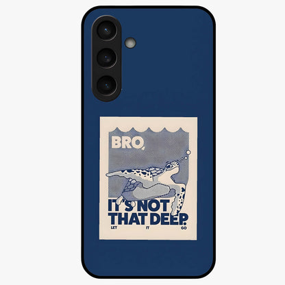 Worry Less Swim Glass Case showing flat back view with playful motivational artwork and glossy glass finish.