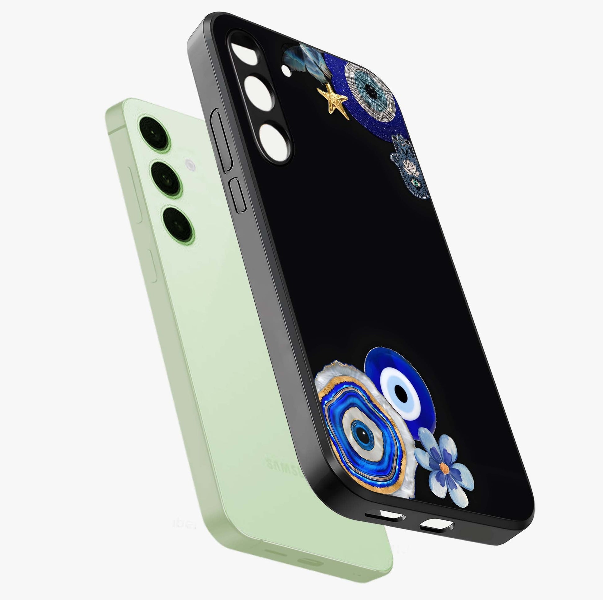 Aesthetic Blue Evil Eye Glass Case displayed in angled mockup highlighting blue evil eye symbol and spiritual aesthetic design.