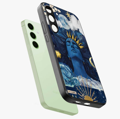 Aesthetic Lord Shiva Glass Case displayed in angled mockup highlighting spiritual Shiva illustration and sacred aesthetic design.