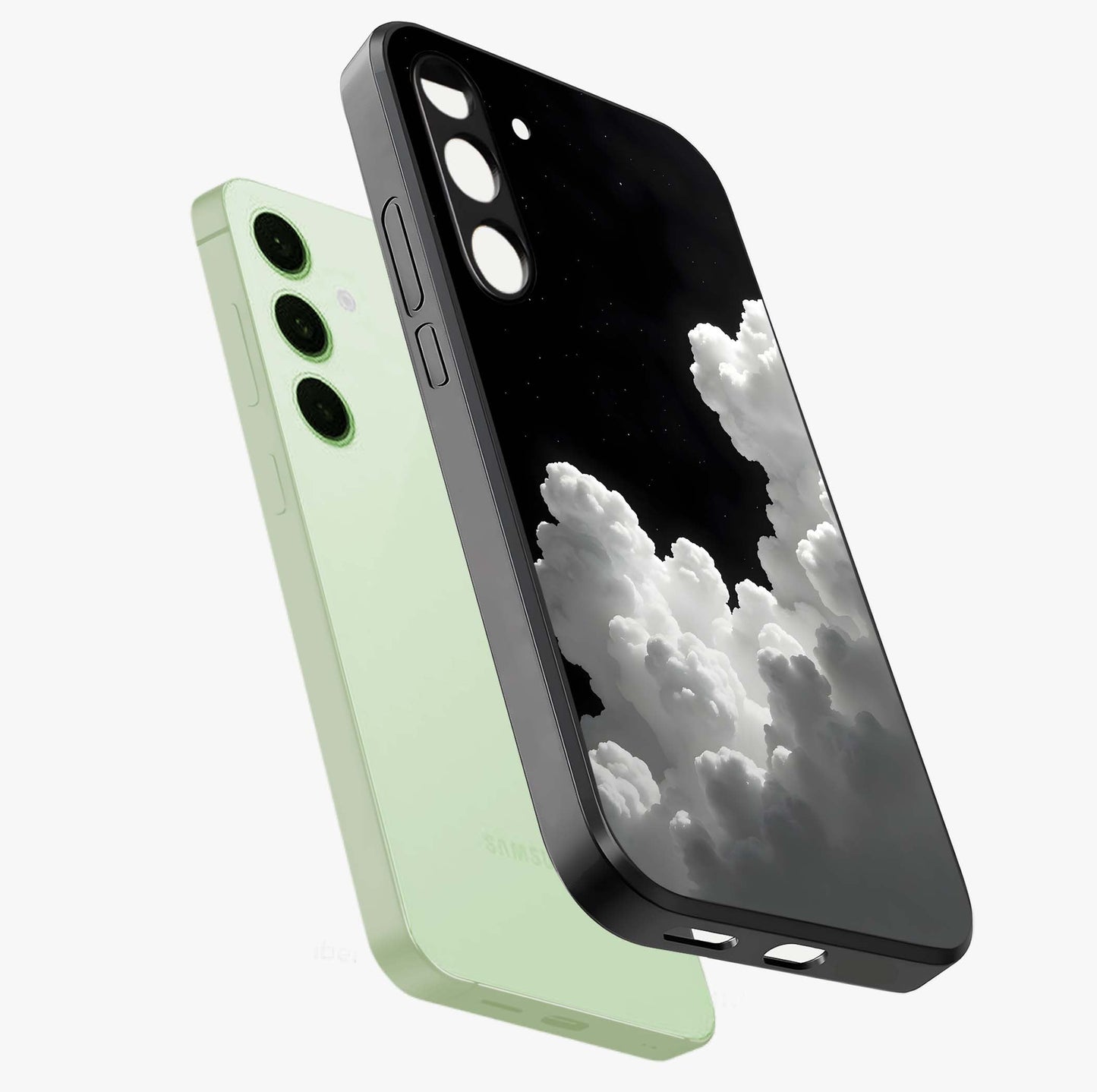 Black Background With White Cloud Glass Case displayed in angled mockup highlighting soft white cloud illustration and minimal design.