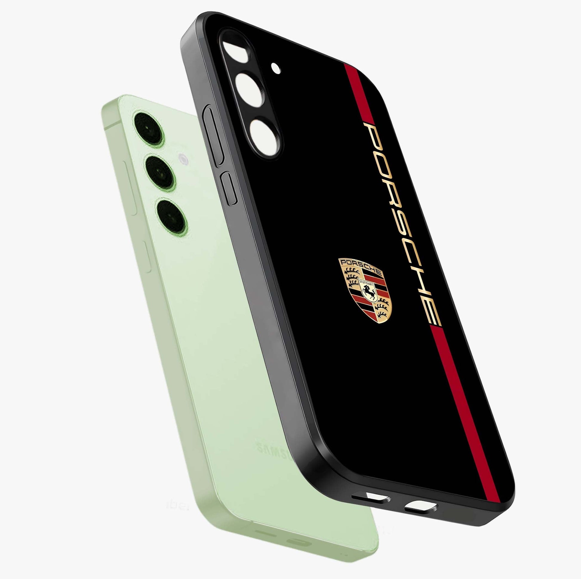 Black Minimal Porsche Glass Case displayed in angled mockup highlighting modern minimal car illustration and clean aesthetic design.
