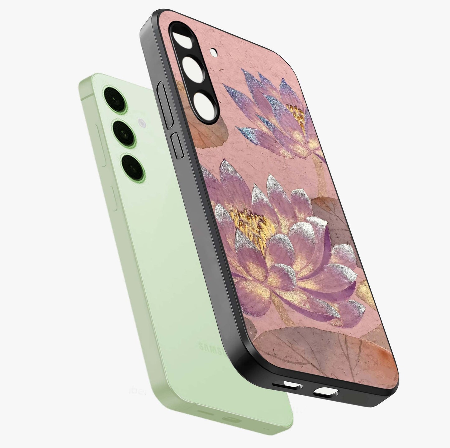 Blossom Mist Lotus Glass Case displayed in angled mockup highlighting delicate lotus illustration with calm aesthetic theme.