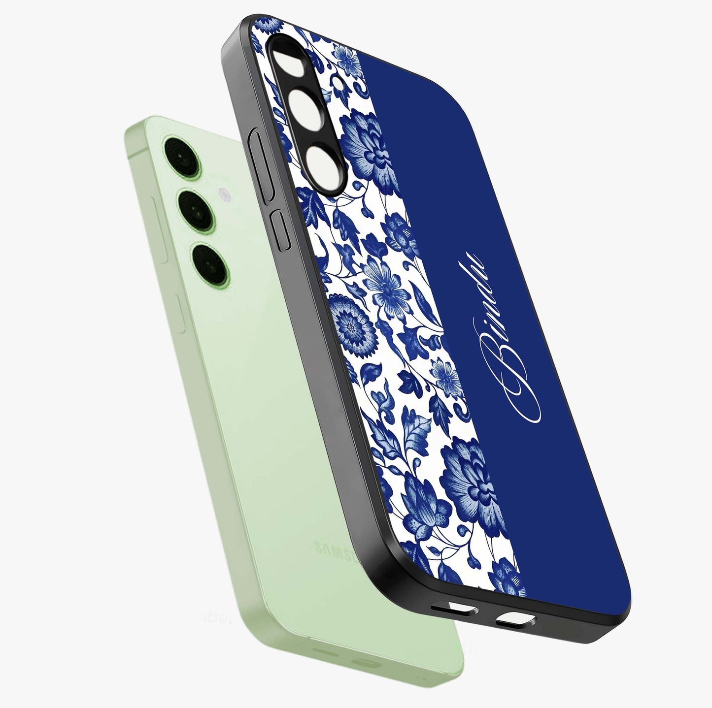 Blue Vintage Floral Pattern Glass Case displayed in angled mockup highlighting subtle bloom pattern with aesthetic pastel design.