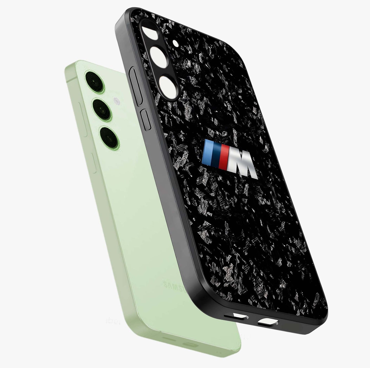 Carbon Speed Mark Glass Case displayed in angled mockup highlighting racing inspired carbon design and sleek aesthetic style.