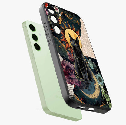 Celestial Black Cat Glass Case displayed in angled mockup highlighting cosmic black cat design with celestial aesthetic.