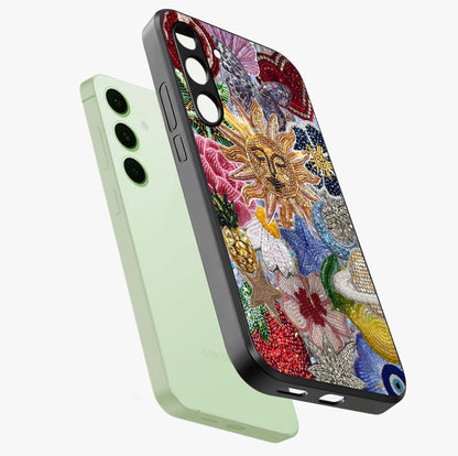 Celestial Floral and Playful Glass Case displayed in angled mockup highlighting playful floral design with dreamy celestial elements.