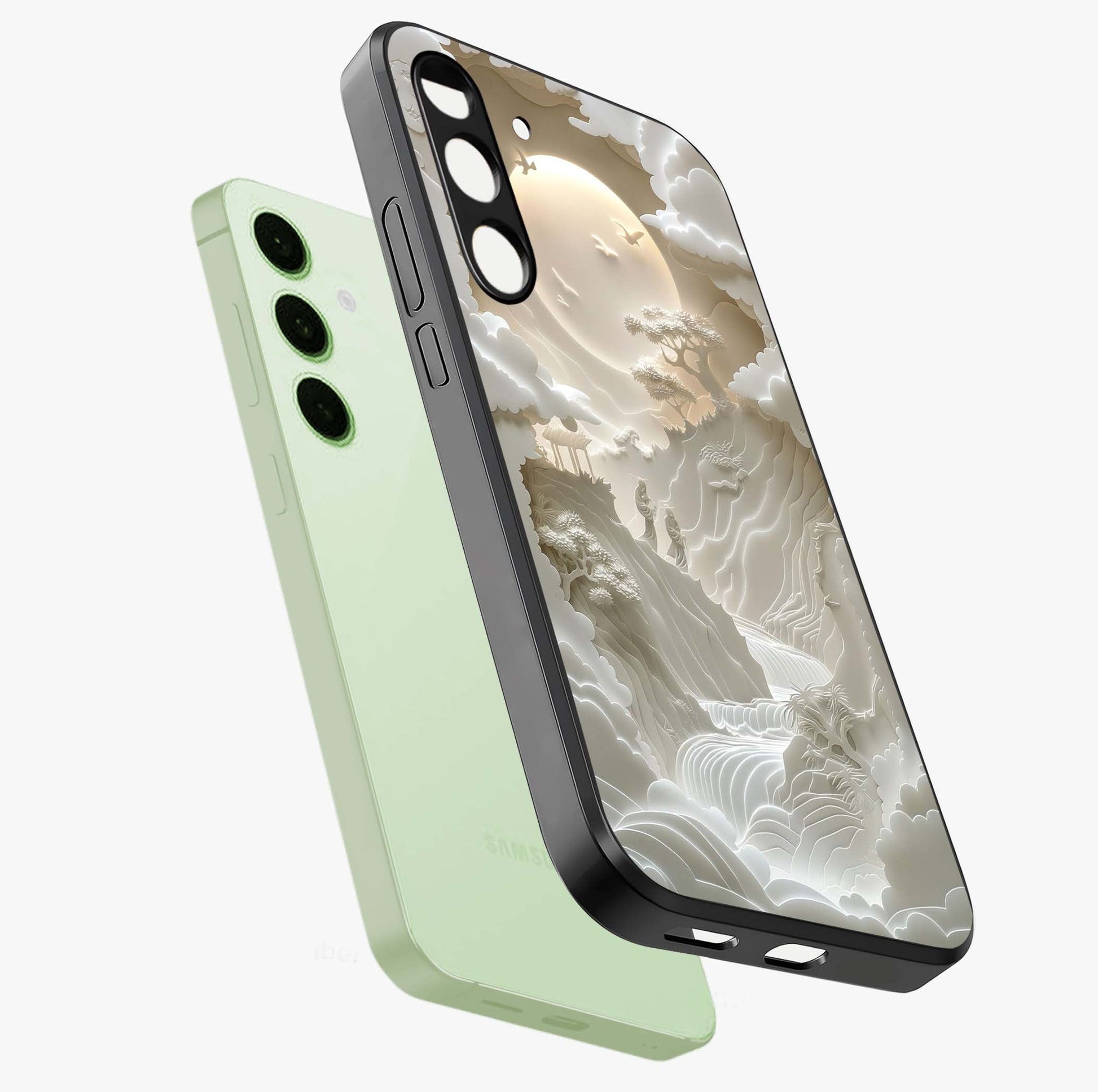 Celestial Origami Glass Case displayed in angled mockup highlighting geometric origami design with cosmic aesthetic theme.