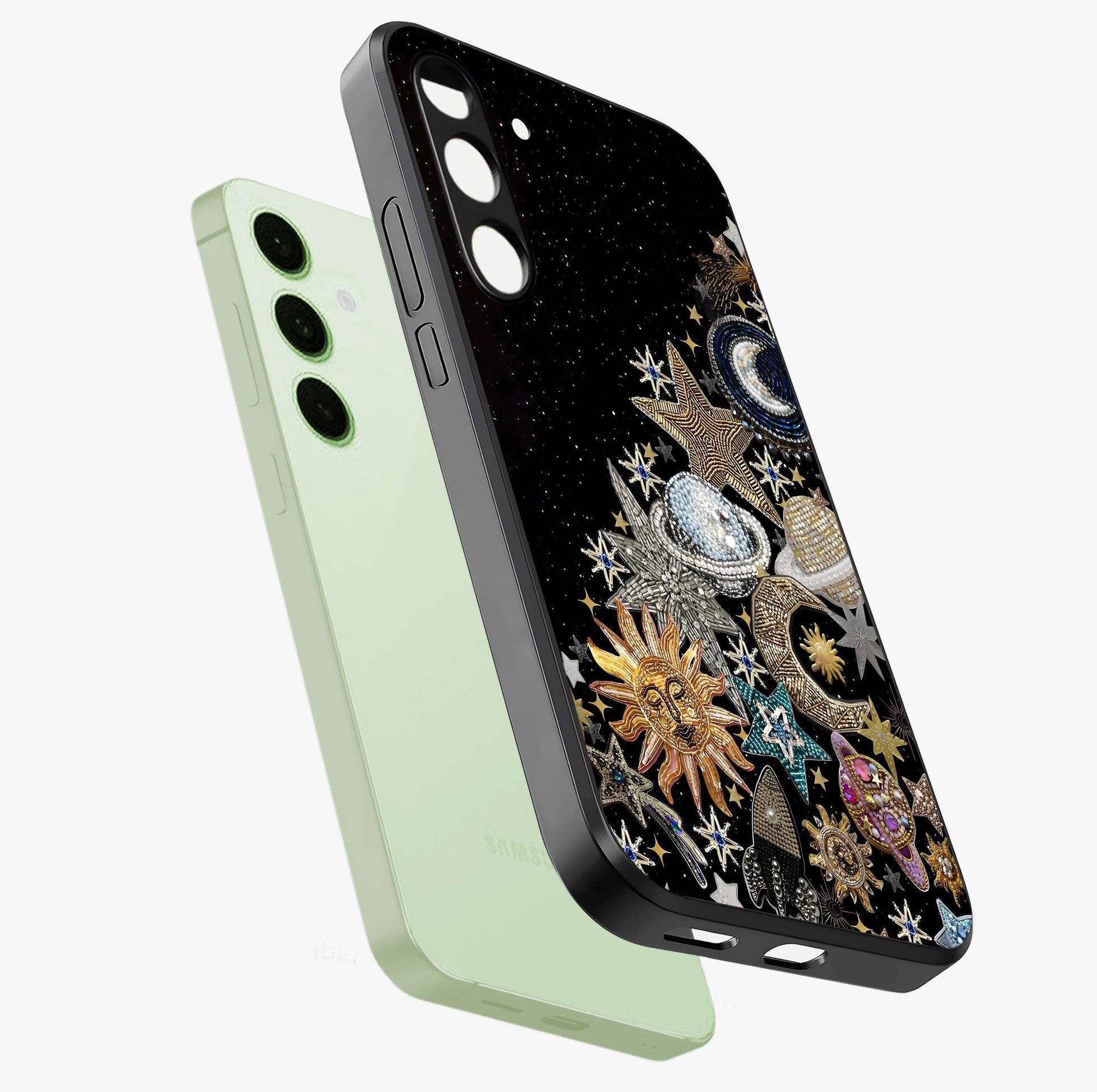 Cosmic Sparkle Dreams Glass Case displayed in angled mockup highlighting dreamy star sparkle design with celestial aesthetic.