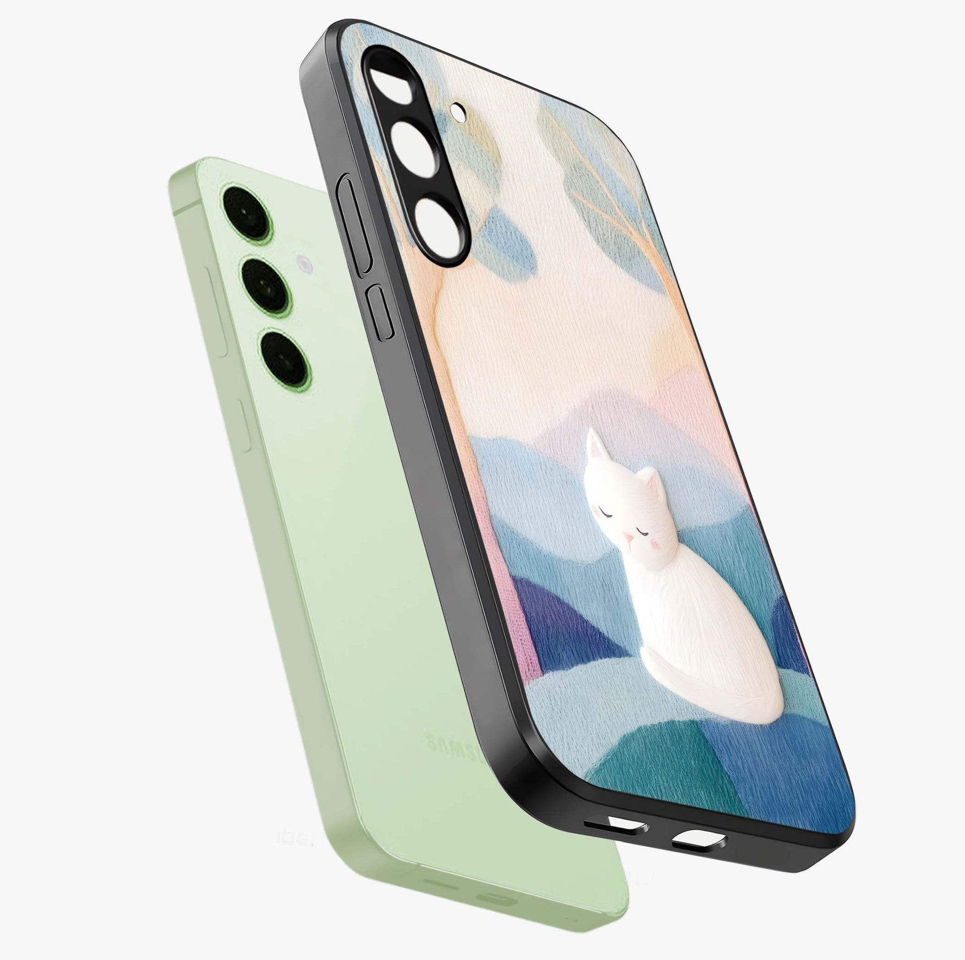Cotton Dream Cat Glass Case displayed in angled mockup highlighting cute feline illustration with pastel aesthetic style.