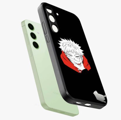 Crimson Chaos Smile Glass Case displayed in angled mockup highlighting edgy crimson smile design with graphic aesthetic.