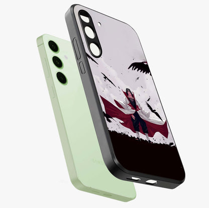Crimson Crow Ascension Glass Case displayed in angled mockup highlighting powerful crow illustration with dark crimson aesthetic.