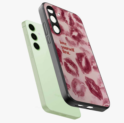 Crimson Kiss Love Glass Case displayed in angled mockup highlighting bold love inspired design with modern aesthetic style.