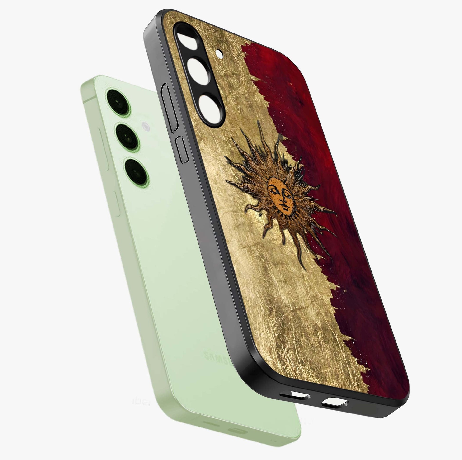 Crimson Sun Majesty Glass Case displayed in angled mockup highlighting majestic crimson sun design with bold aesthetic style.