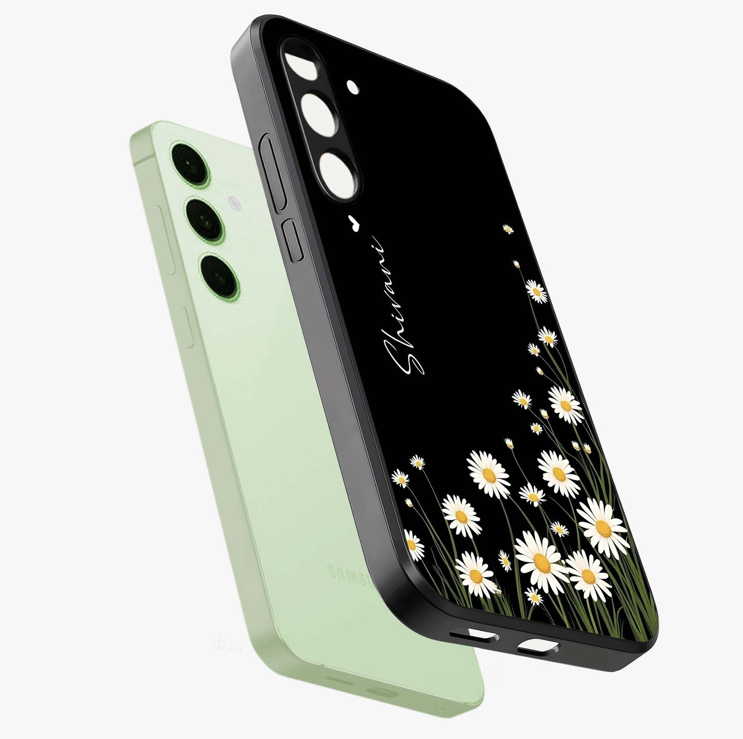 Daisy Cascade Custom Name Glass Case displayed in angled mockup highlighting delicate daisy artwork with custom name feature.