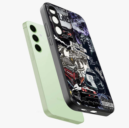 Die Young Glass Case displayed in angled mockup highlighting expressive graphic artwork with edgy aesthetic style.