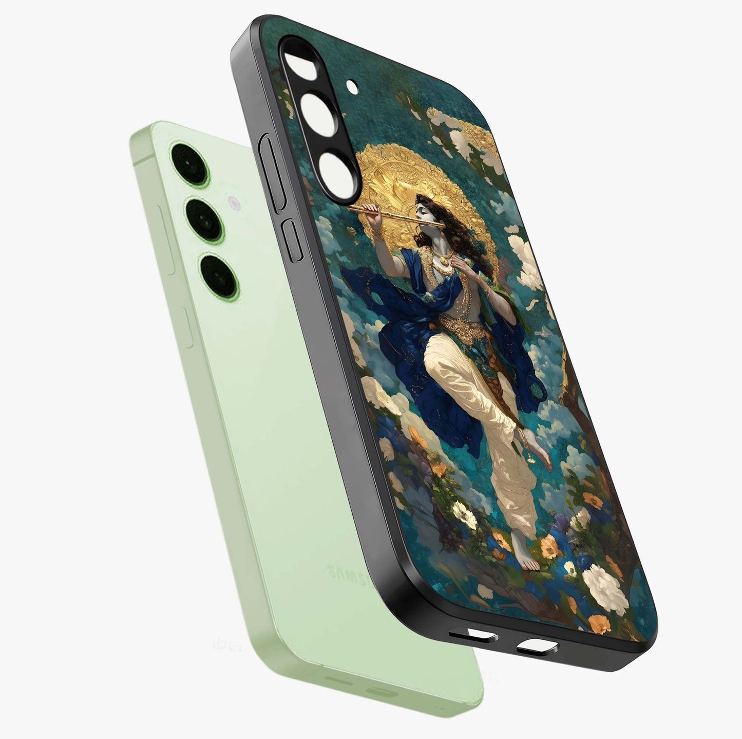 Divine Krishna Art Glass Case displayed in angled mockup highlighting spiritual Krishna illustration with devotional aesthetic.