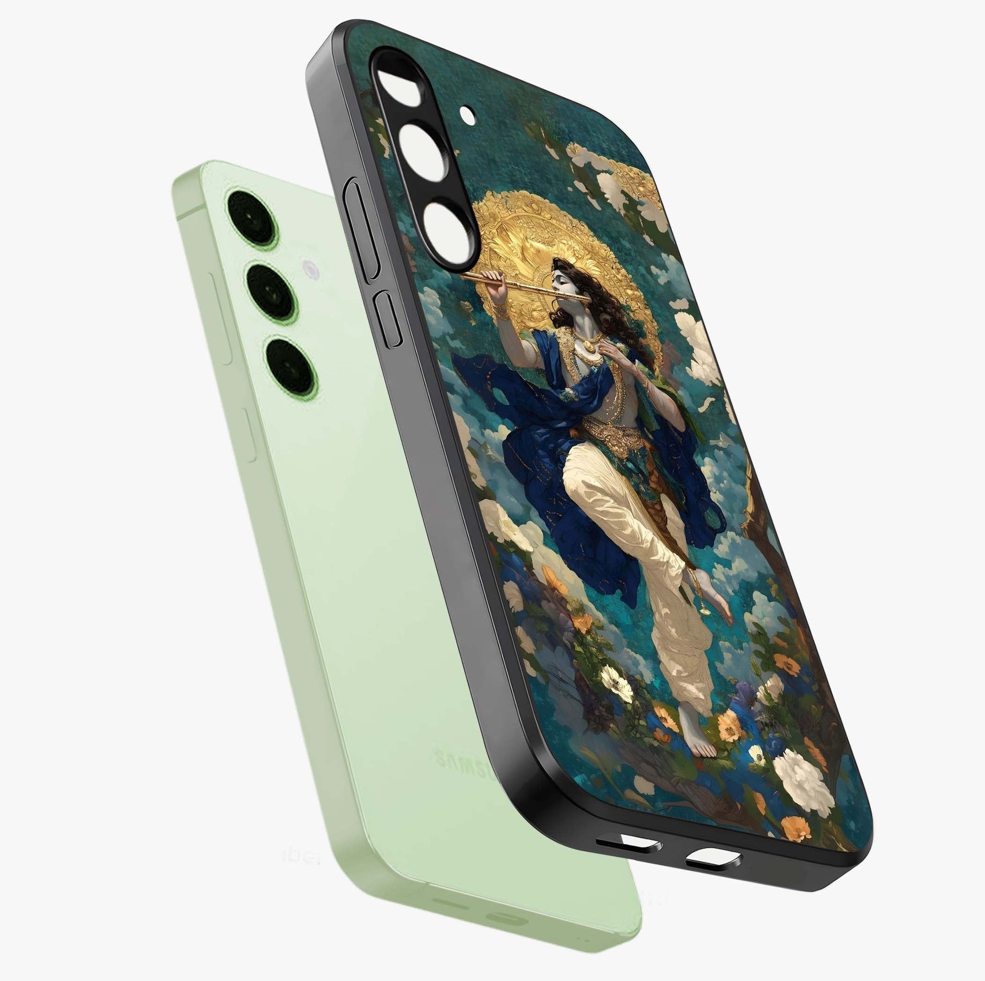 Divine Krishna Art Glass Case displayed in angled mockup highlighting spiritual Krishna illustration with devotional aesthetic.