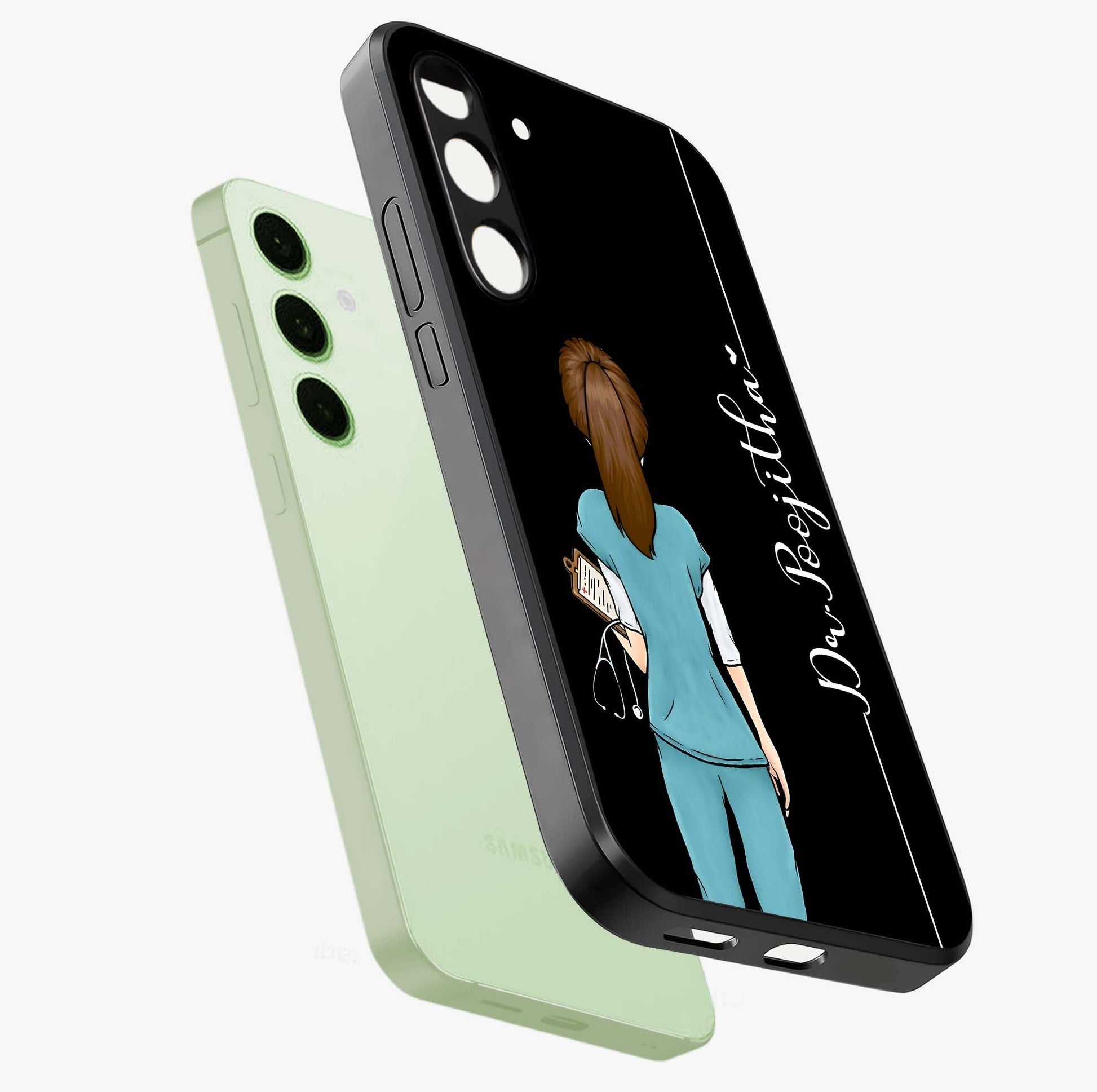 Doctor Pattern Custom Name Glass Case displayed in angled mockup highlighting doctor inspired artwork with custom name feature.