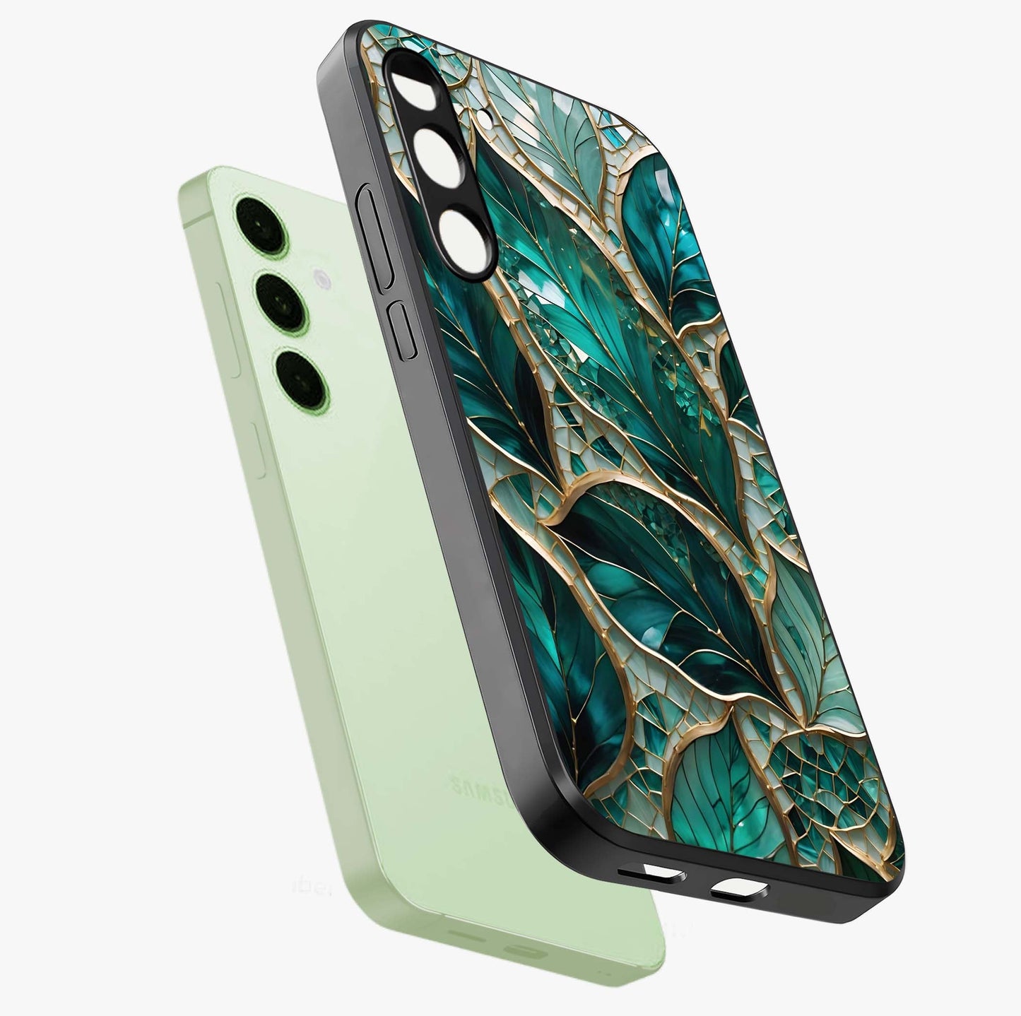 Emerald Leaf Glass Glass Case displayed in angled mockup highlighting botanical leaf illustration with elegant natural aesthetic.