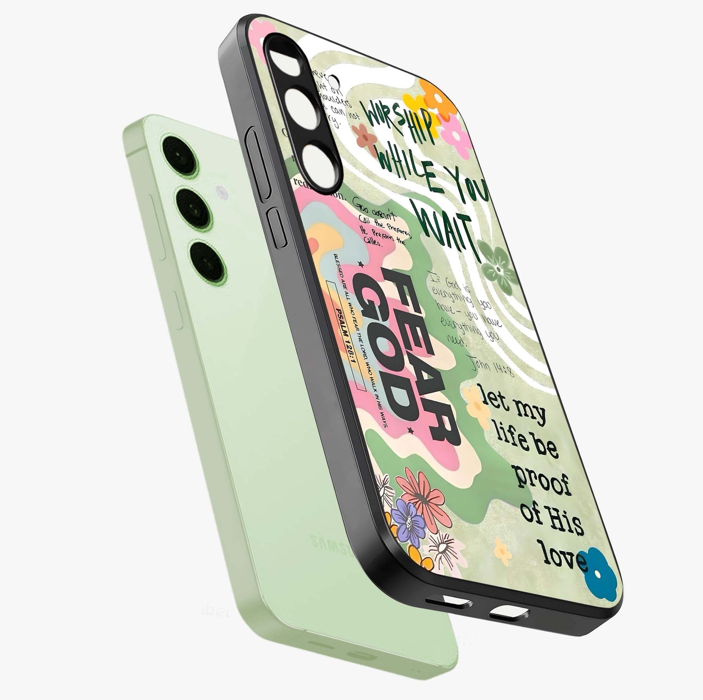 Faith Over Fear Glass Case displayed in angled mockup highlighting inspirational message design with modern aesthetic style.