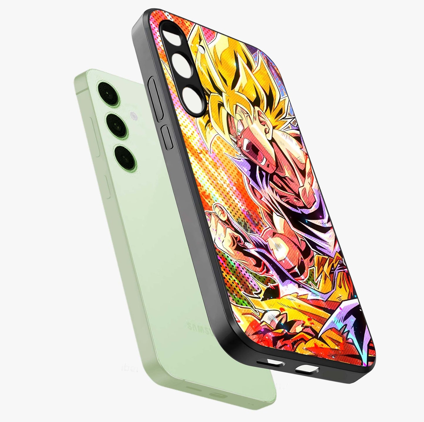 Firing Goku Glass Case displayed in angled mockup highlighting dynamic anime character design with action aesthetic.