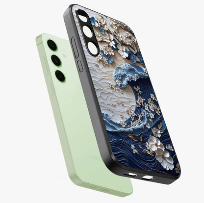 Floral Wave Origami Glass Case displayed in angled mockup highlighting geometric origami flower design with modern aesthetic style.