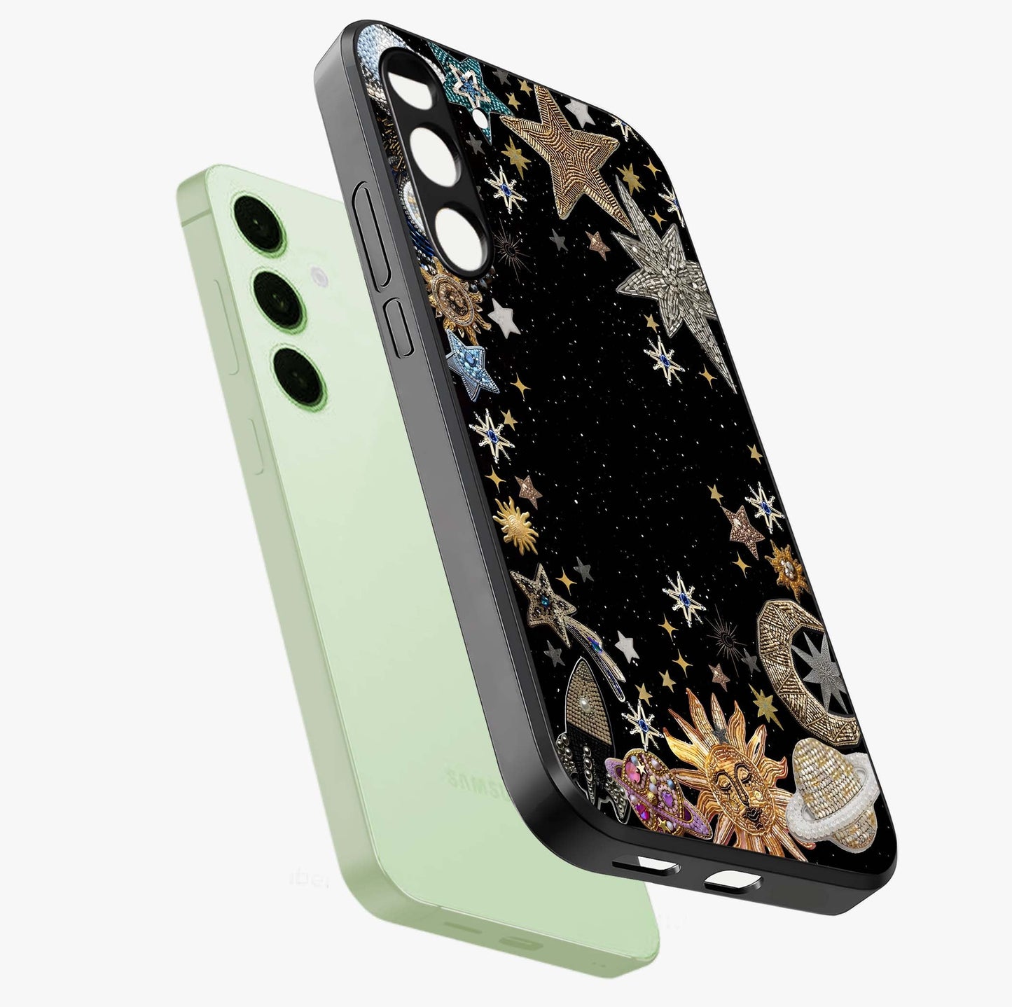 Galactic Jewel Stars Glass Case displayed in angled mockup highlighting shining celestial star design with cosmic aesthetic style.
