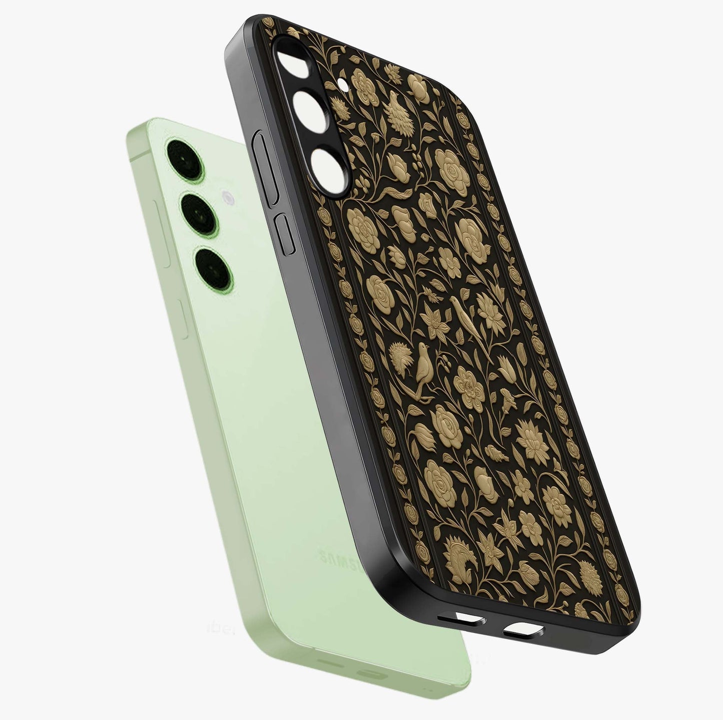 Golden Evil Eye Mandala Glass Case displayed in angled mockup highlighting protective evil eye symbol with golden mandala design.