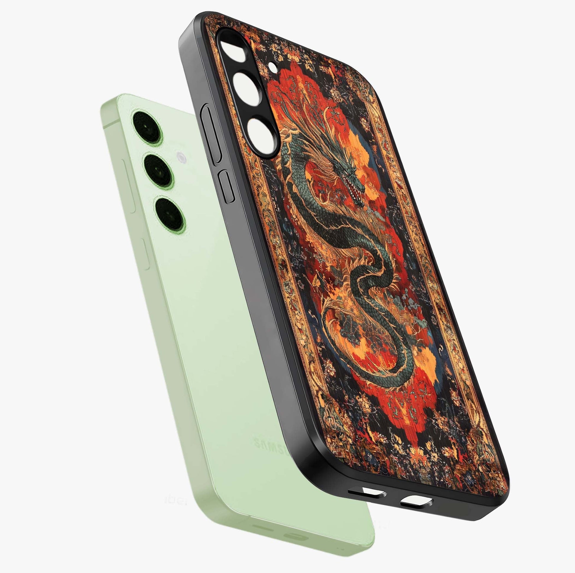 Inferno Dragon Soul Glass Case displayed in angled mockup highlighting powerful dragon illustration with inferno aesthetic.