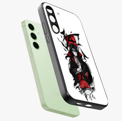 Itachi Sharingan Glass Case displayed in angled mockup highlighting striking sharingan eye design with dramatic anime aesthetic.
