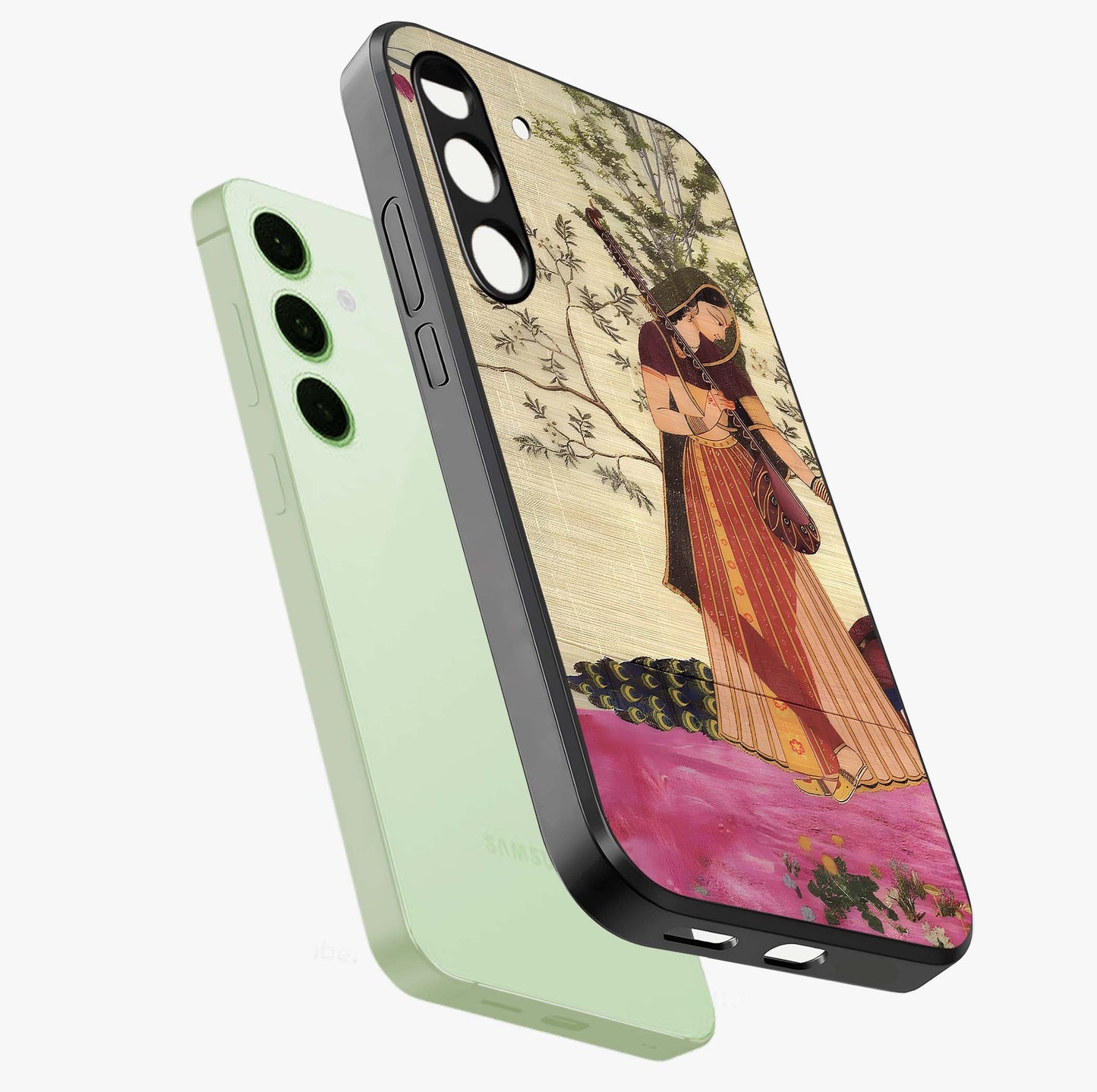 Lady With Veena Art Glass Case displayed in angled mockup highlighting graceful musical illustration with cultural artistic aesthetic.