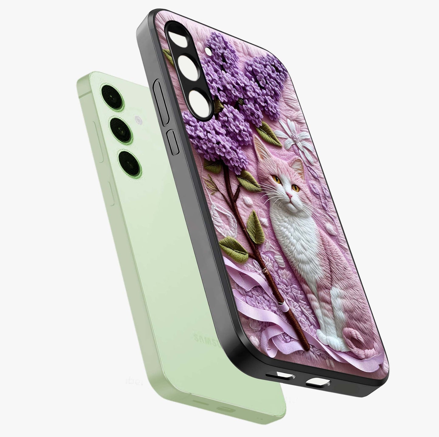 Lavender Cat Whimsy Glass Case displayed in angled mockup highlighting playful feline illustration with pastel lavender aesthetic.