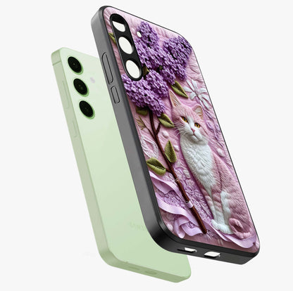 Lavender Cat Whimsy Glass Case displayed in angled mockup highlighting playful feline illustration with pastel lavender aesthetic.
