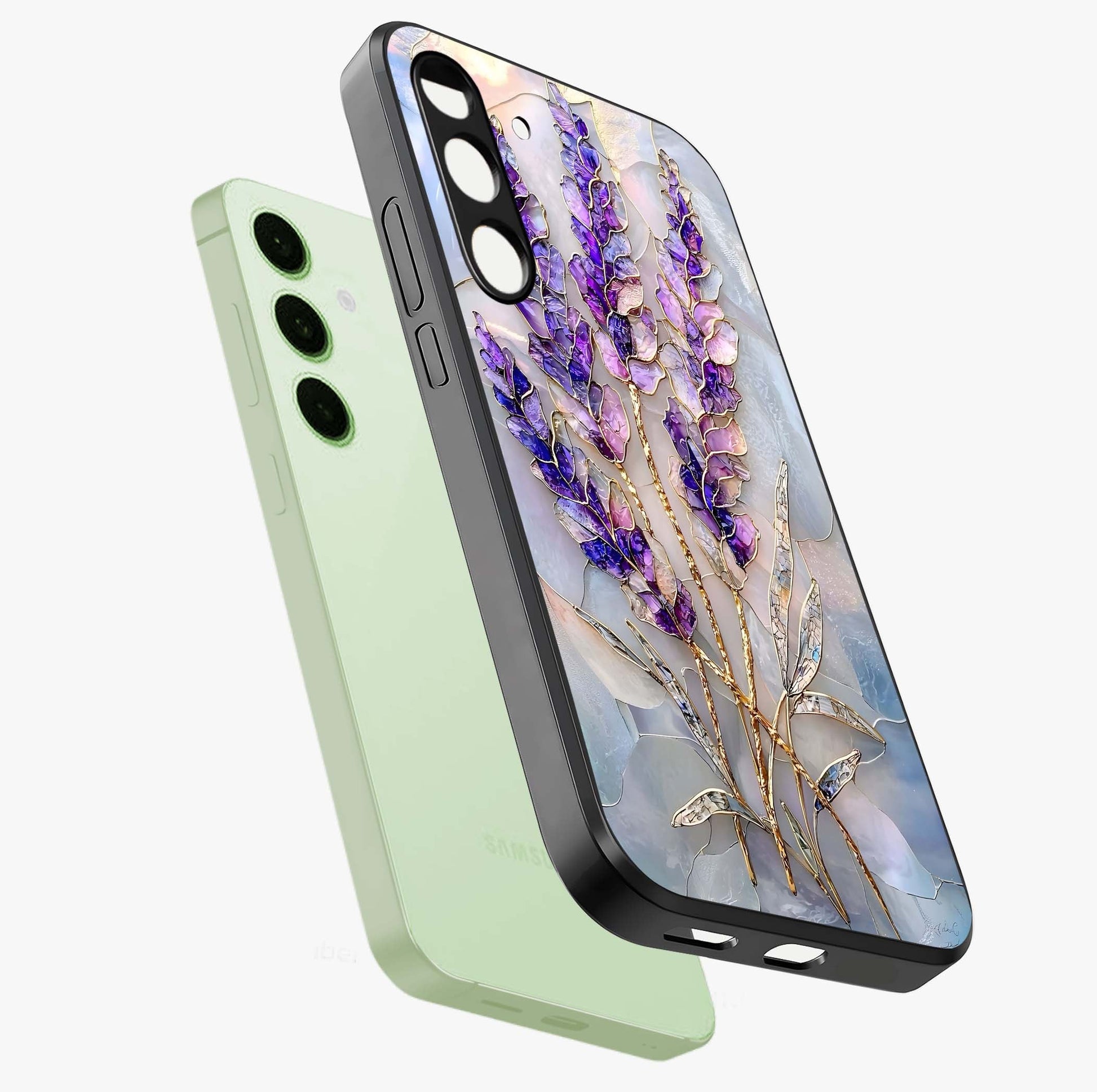 Lavender Dream Glow Glass Case displayed in angled mockup highlighting dreamy purple glow design with soft artistic style.