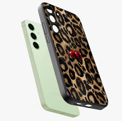 Leopard Wild Cherry Glass Case displayed in angled mockup highlighting bold animal print design with playful cherry aesthetic.