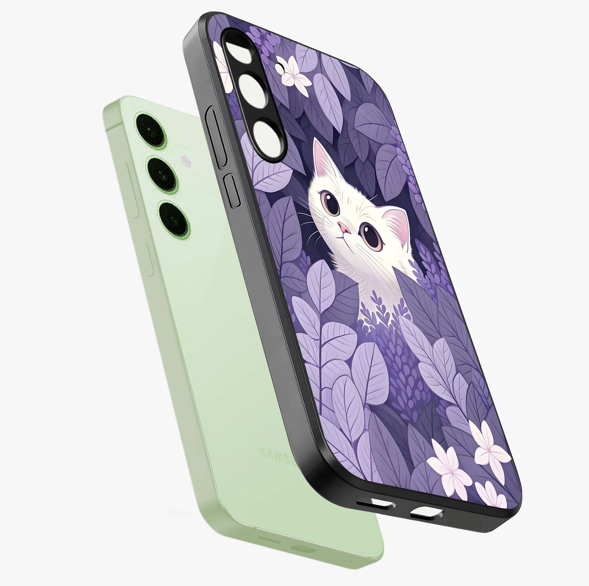Lilac Hide Peek Cat Glass Case displayed in angled mockup highlighting playful feline illustration with lilac aesthetic design.