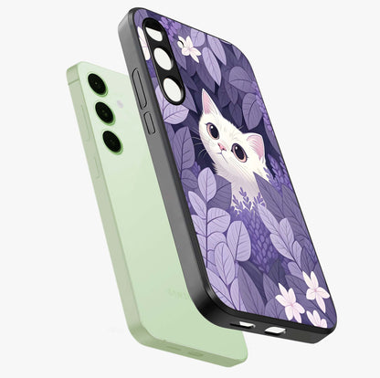 Lilac Hide Peek Cat Glass Case displayed in angled mockup highlighting playful feline illustration with lilac aesthetic design.